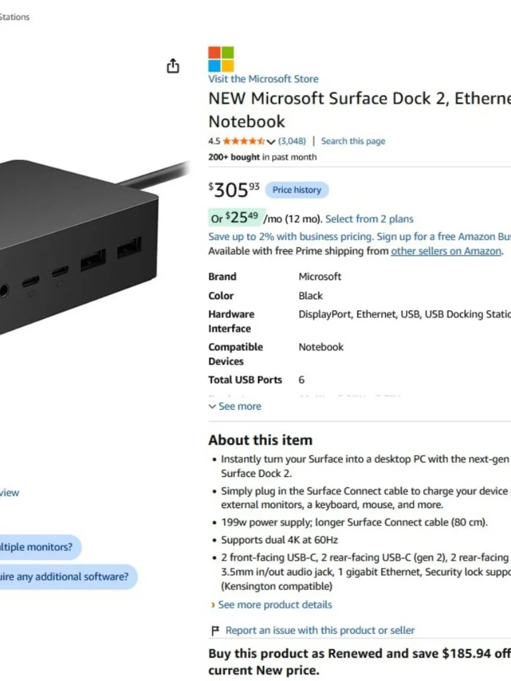 Genuine Microsoft Surface Dock 2 Docking Station, Black Model 1931 EXCELLENT!